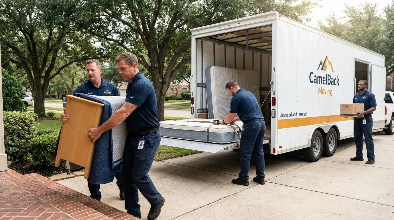 Crew loading residential truck for cross-state move from Salida, CA