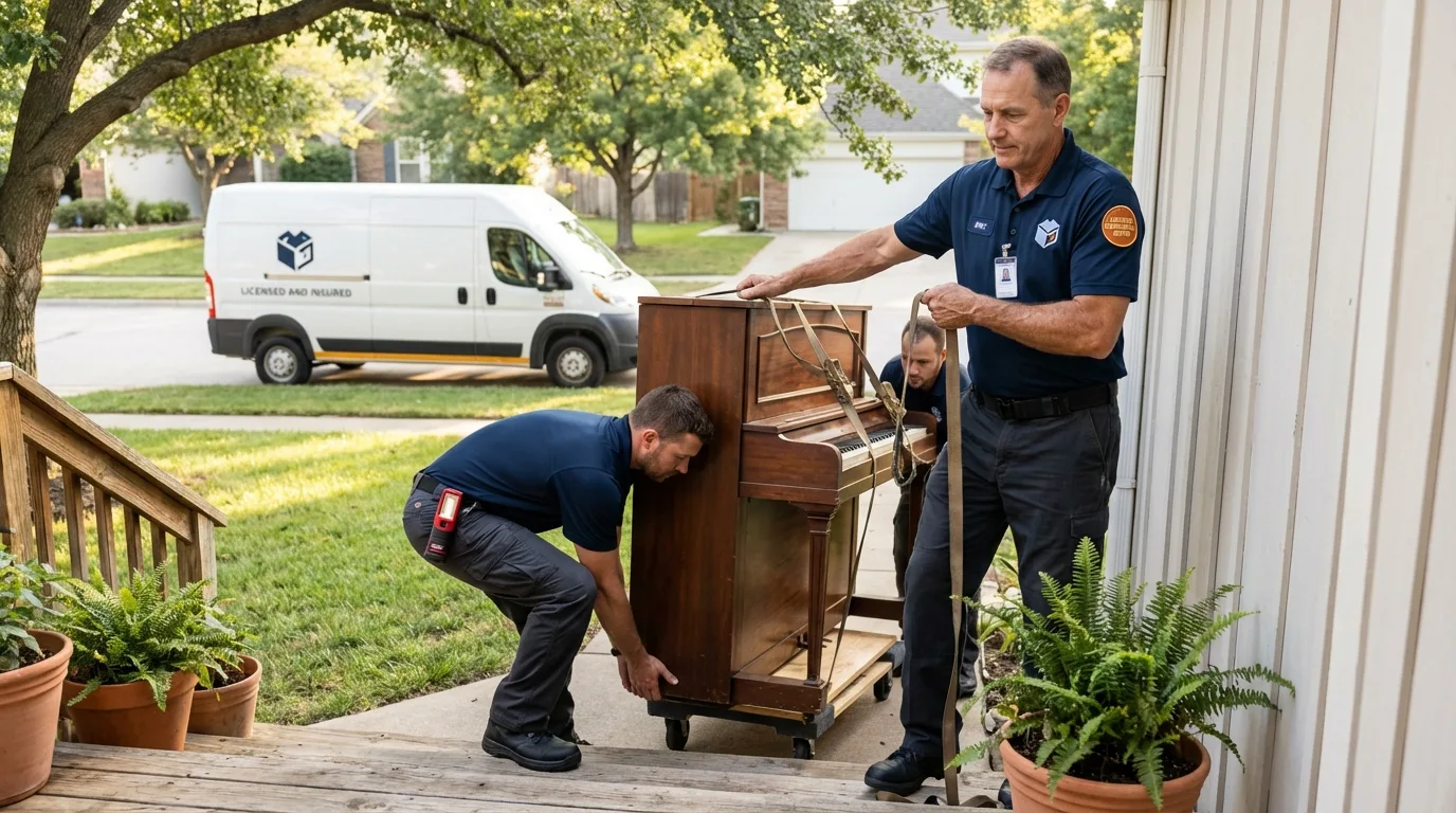 Licensed piano movers securing grand piano in Salida, CA