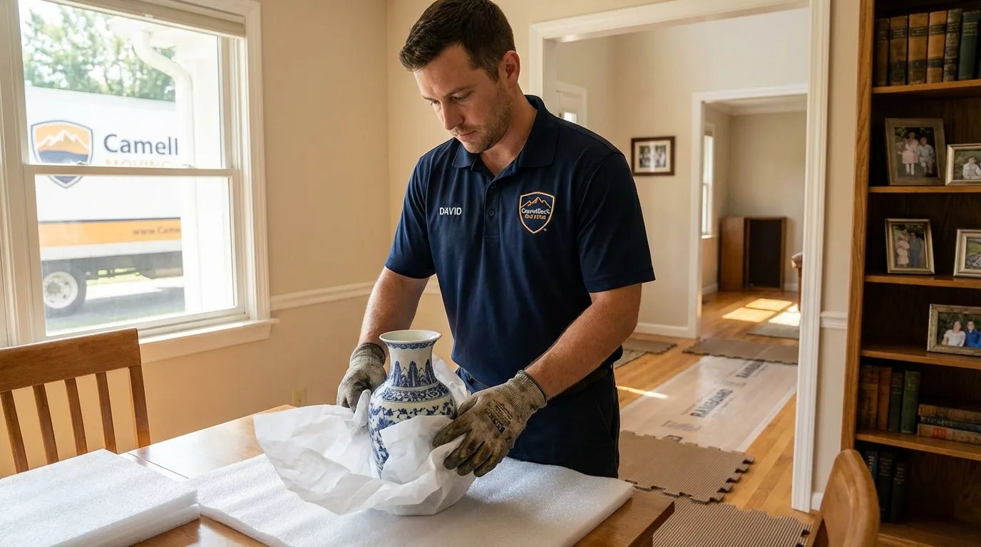 Professional crew carefully wrapping antique vase for senior downsizing move in Salida, CA