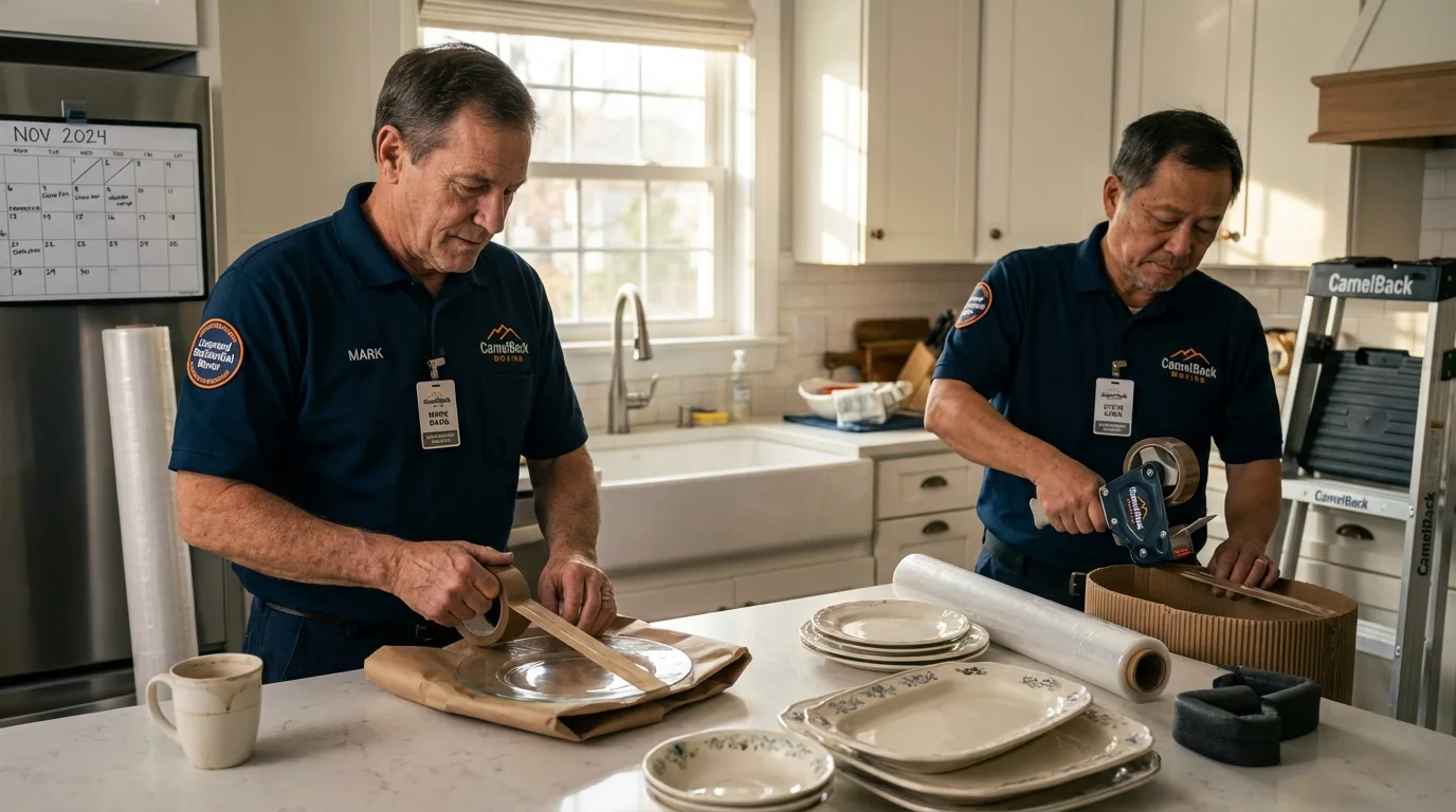 Professional crew packing kitchen dishware in Salida, CA